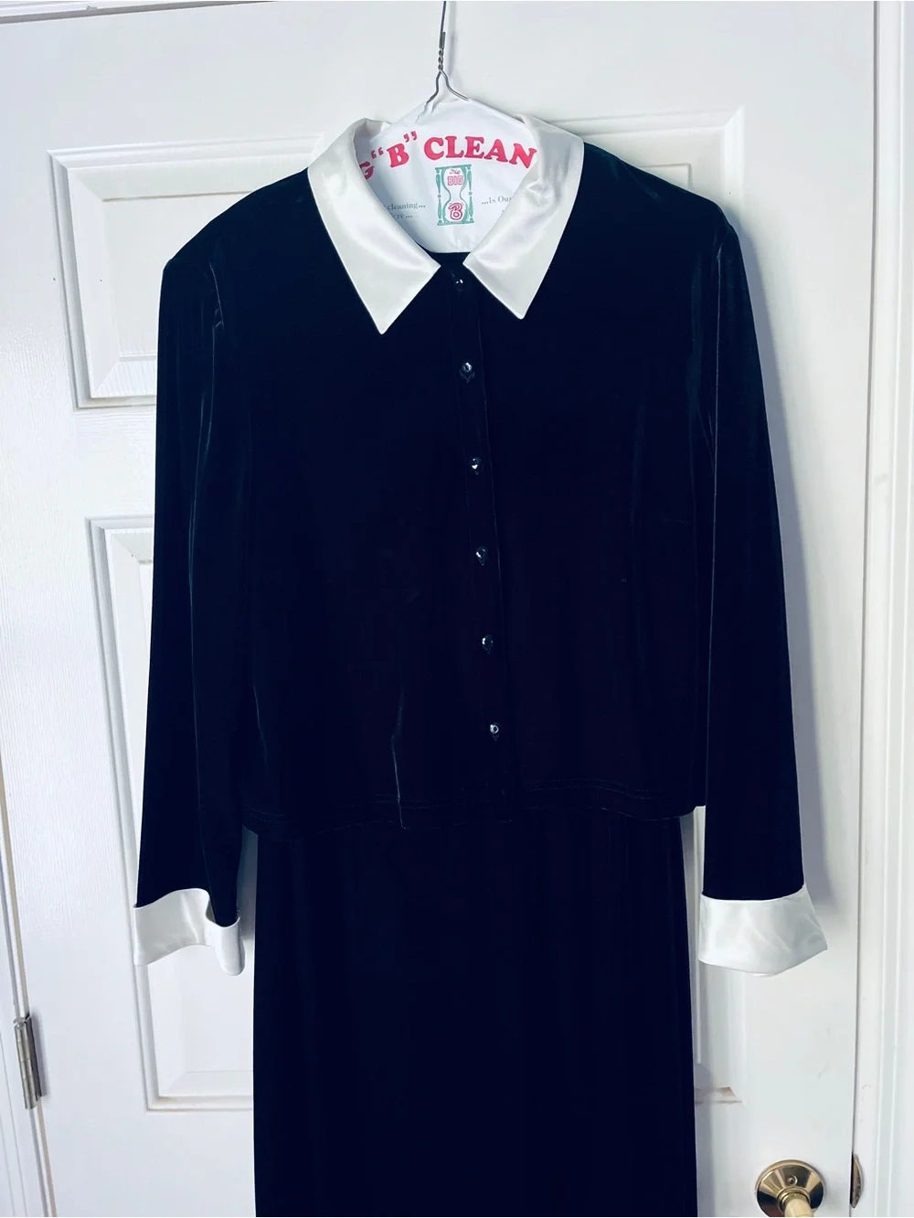 Black Velvet Dress with White Collar and Cuffs